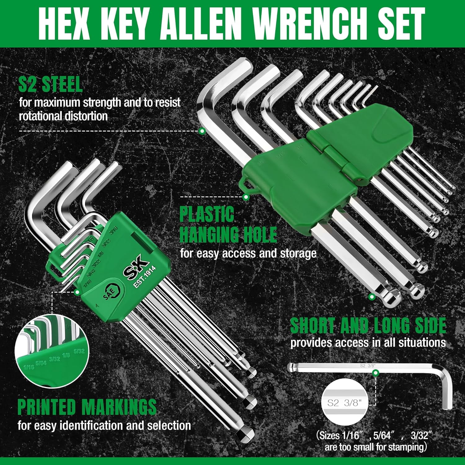RGHJAR-9-Piece Allen Wrench Set, Hex Key Set, SAE Ball End Hex L-Key, S2 Steel