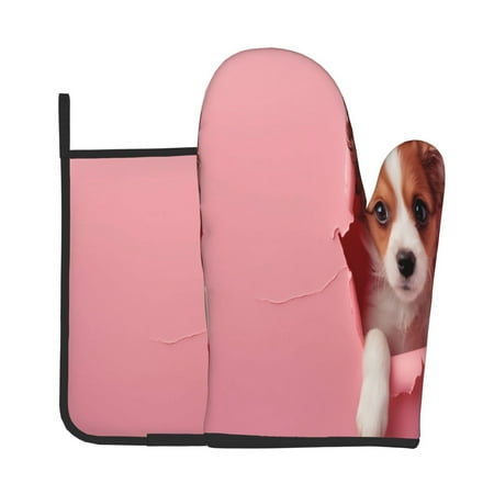 

Lukts Puppy Peeking Through Pink Print Kitchen Heat-Resistant Gloves and Spacers 2pcs Set Suitable for Baking and Cooking