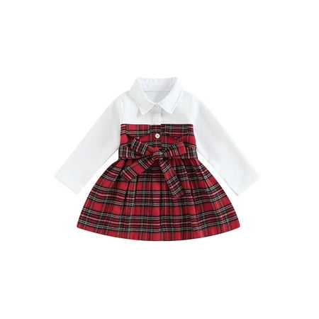 

Afunbaby Kids Little Girls Spring Patchwork Dress Plaid Lapel Long Sleeve Button A-Line Dress with Belt Red Plaid 3-4 Years