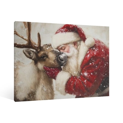Vintage Christmas Santa Claus and Elk Wall Art Paint Framed - Retro Xmas Festive Winter Holiday Christmas Wall Decor Canvas Print for Living Room Kitchen Bathroom Home Bedroom Decor