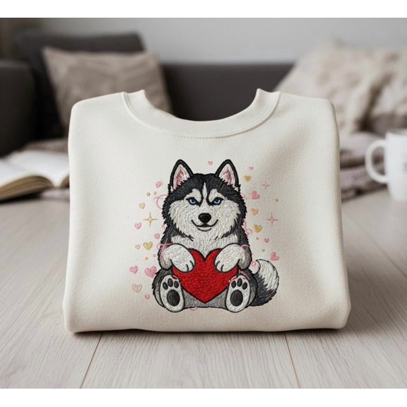 Husky Holding Heart Embroidered Sweatshirt, Cute Valentine Dog Design, Cozy Pet Lover Gift
