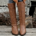 thumbnail image 5 of Women's Knee High Boots Stretchy Fashion Riding Boot Flat Low Chunky Heel Buckle Strap Winter Motorcycle Shoes (Light Brown,37), 5 of 6