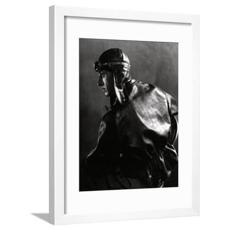 Half-Length Portrait in Profile of a Motor Cyclist with Leather Jacket and Helmet Framed Print Wall Art By Carlo Wulz