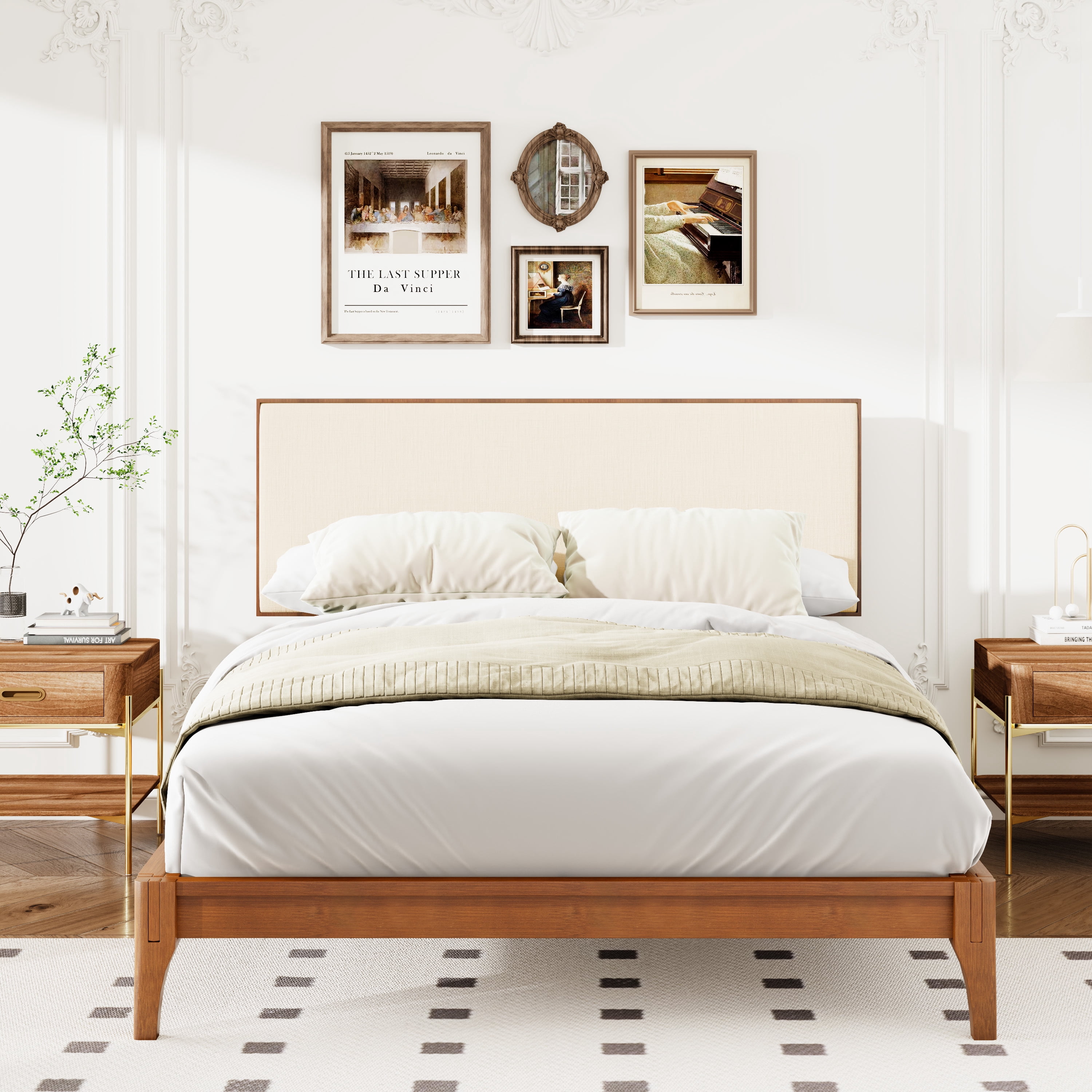 MODERNLUXE King Size Dry Bamboo Platform Bed, 12" H Bed Frame with Upholstered Adjustable Headboard and Wood Slat Support,Easy Assembly, Brown