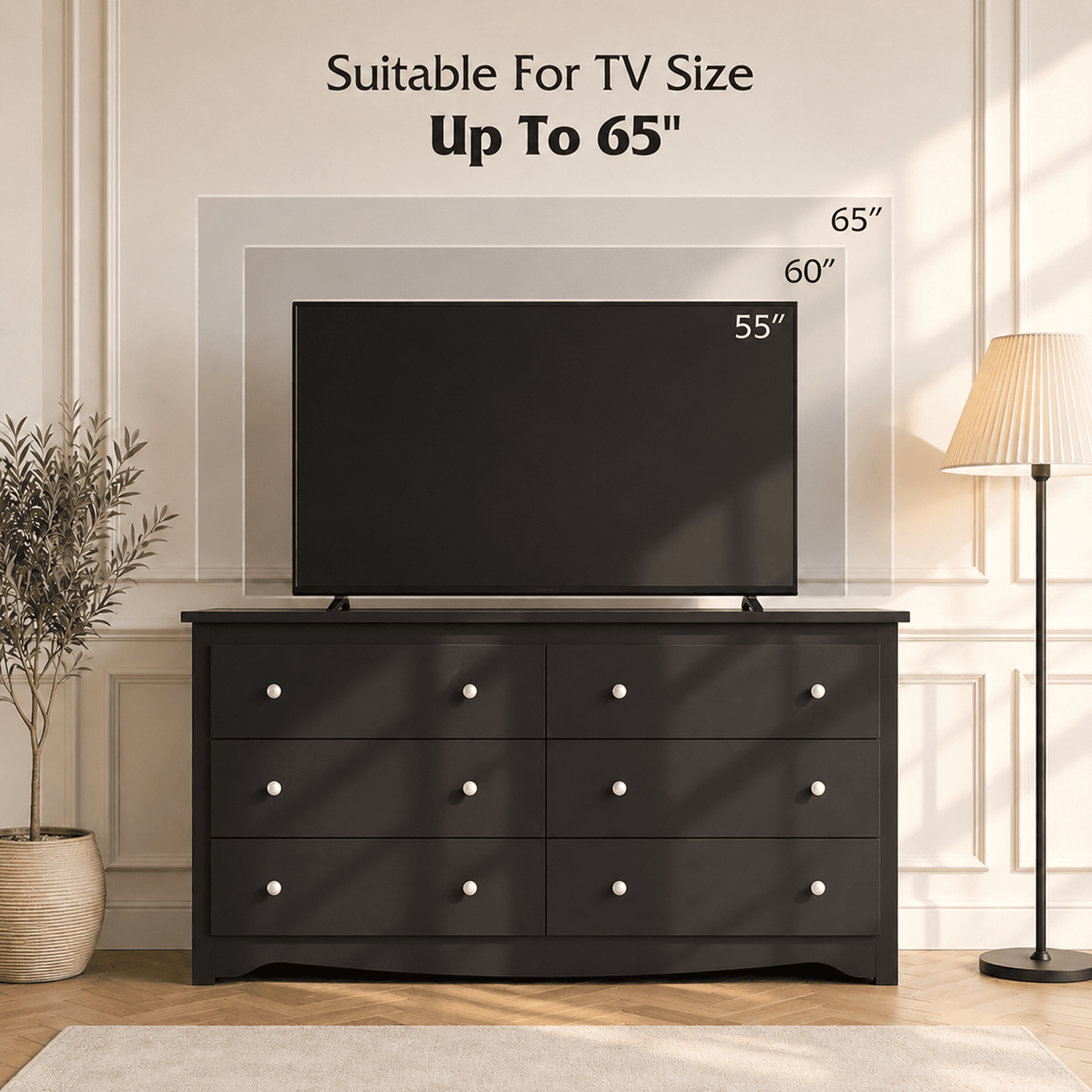 GALAXHERO Modern Wood Dresser with 6 Drawers – Wide Storage Chest for Bedroom, Living Room, Closet, Hallway – Large Organizer Nightstand Unit, 59”W, Black