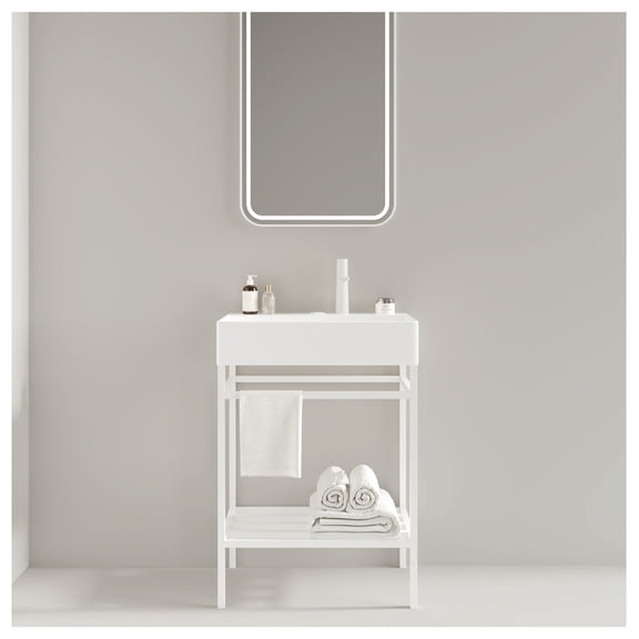 LOFI 24" Bathroom Vanity with Ceramic Basin, Freestanding Bathroom Console Sink Set, Glossy White Rectangular Ceramic Basin without , Open Metal Leg, Storage Shelves, White Color