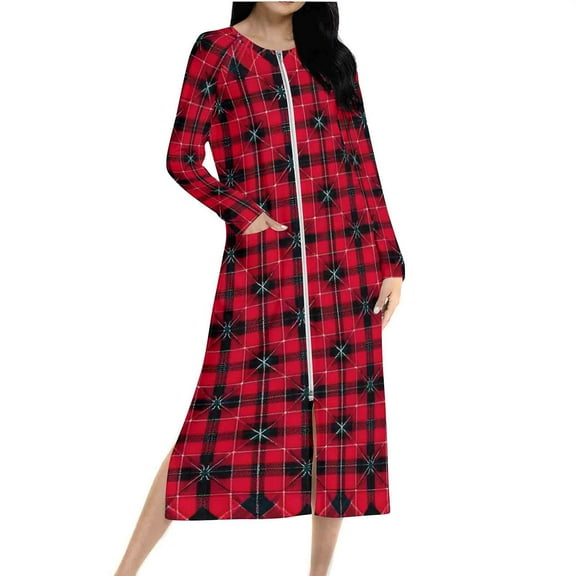 Tnhcen Women's Winter Christmas Plaid Nightgown with Pockets Loose-Fitting Zip-Up Sleepwear Long Sleeve Robe with Shoulder-Strap Sleeves for Holiday Season (S-2XL) Multiple Colors Available
