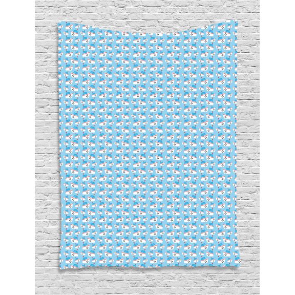 Blue Nautical Tapestry, Cartoon Style Funky Hand Drawn Boats Nautical Sea Elements, Wall Hanging for Bedroom Living Room Dorm Decor, 40W X 60L Inches, Pale Blue and Multicolor, by Ambesonne