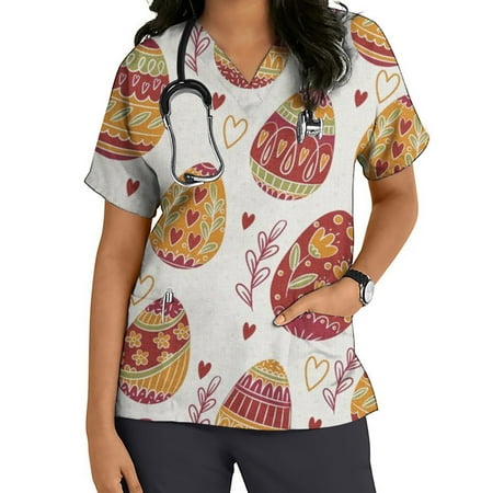 

Womens Easter Nursing Scrub Tops Summer Clearance Women s Casual T-Shirt Short Sleeve V-neck Tops Working Uniform Easter Print With Pocket Workwear Blouse