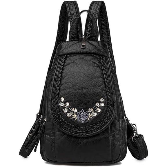 CAILDANL Vintage Embroidered Women Backpacks Soft PU Leather Backpack Purse Small Female Travel Bag Black Chest Packs (Orchid)