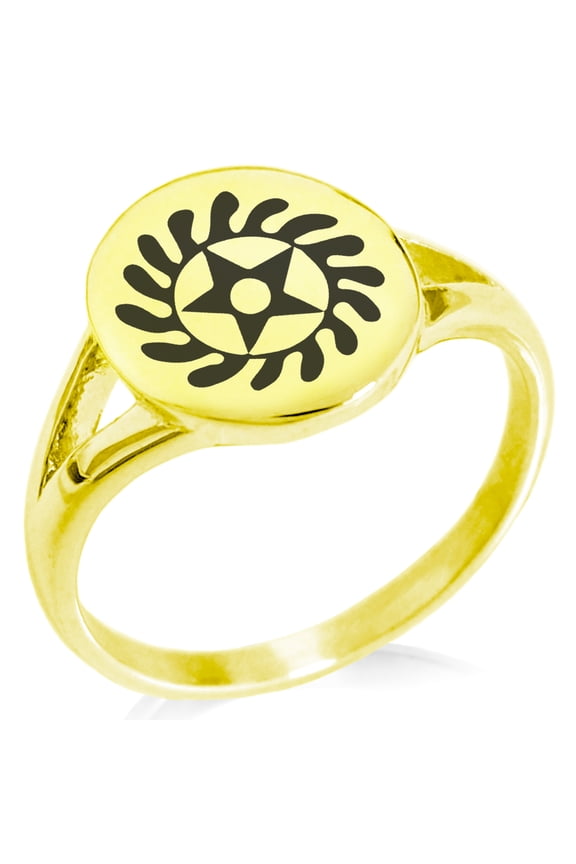 Stainless Steel Aztec Transformation Rune Minimalist Oval Top Polished Statement Signet Ring