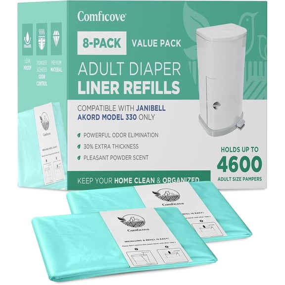 8 Pack Adult Diaper Liner Refills, Compatible with Janibell Akord 330 Model, Adult Diaper System to Eliminate Waste, Odor Resistant by Comficove (8pk)