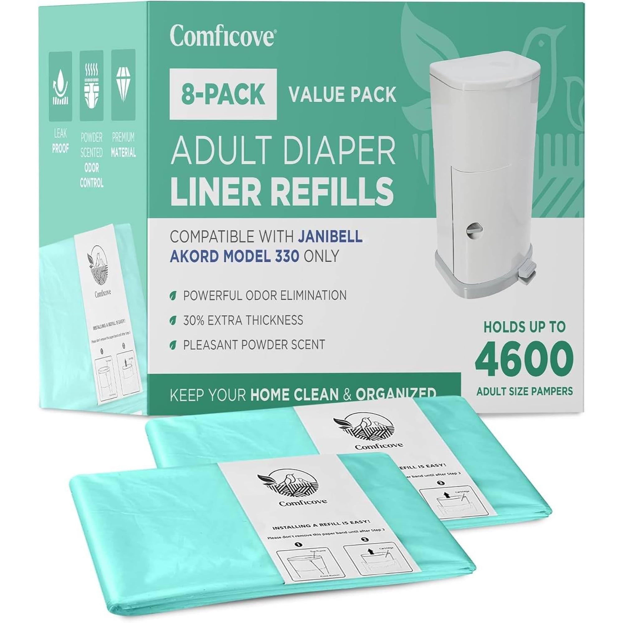 8 Pack Adult Diaper Liner Refills, Compatible with Janibell Akord 330 Model, Adult Diaper System to Eliminate Waste, Odor Resistant by Comficove (8pk)