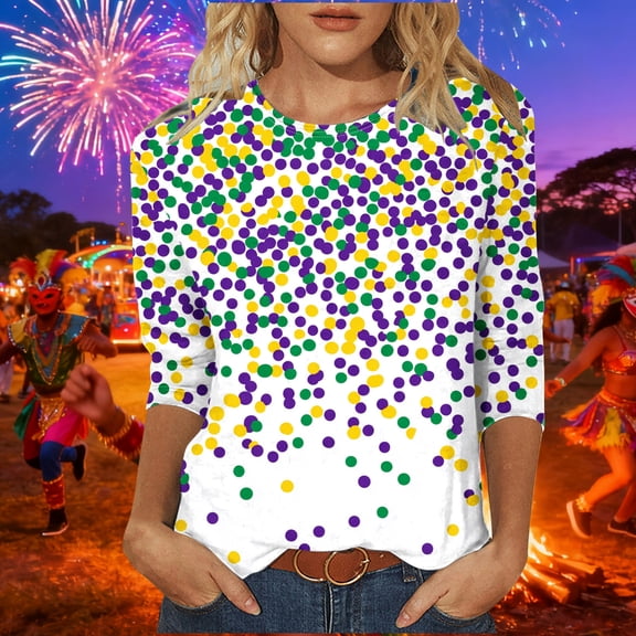Guzom Carnival Womens Mardi Gras 3/4 Sleeve Polka Dot Top, Multicolor Purple Green Gold Stretchy Polyester Spandex Casual Festive Shirt with Crew Neck, S-XXXL,Size 3XL