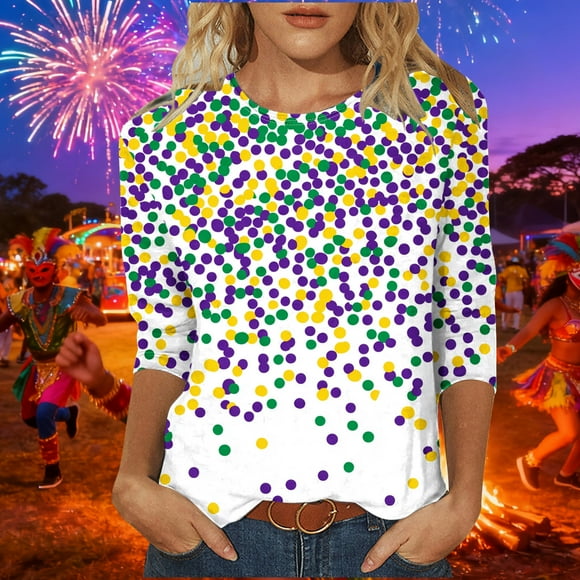 Fartey T-Shirts de Mardi Gras pour Femmes Coupe Ajustée Manches 3/4 Tuniques Hauts Mode T-Shirts Graphiques Mode Chemisiers à Col Rond à Thème Carnaval Multicolore P
