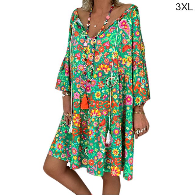 Vestido de verano de manga larga con cuello en V Vestido de mujer con estampado de tela suelta, verde, 3XL Scienceny AP002186-30