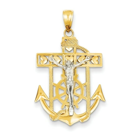 14k Gold Mariners Cross - 14k Two Tone Yellow Gold Nautical Anchor Ship Wheel Mariners Crucifix Cross Religious Pendant Charm Necklace Mariner