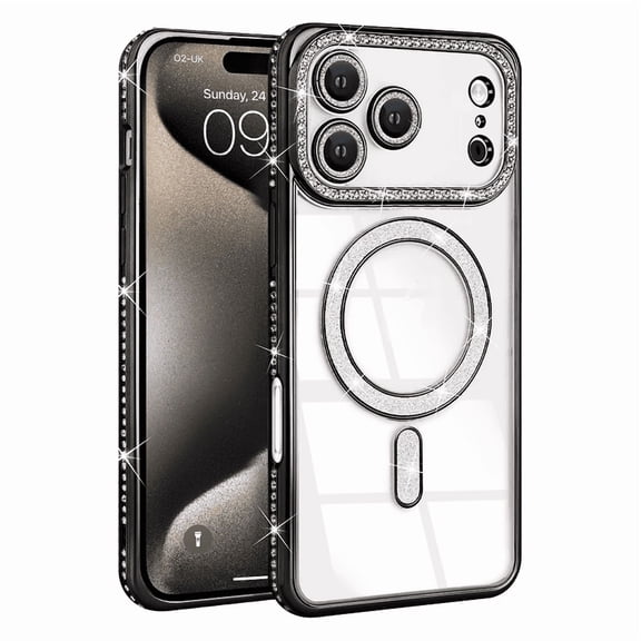Entronix Magnetic Clear Case Compatible with iPhone 17 Pro Max / iPhone 18 Pro Max, Sparkly Crystal Cover, Black