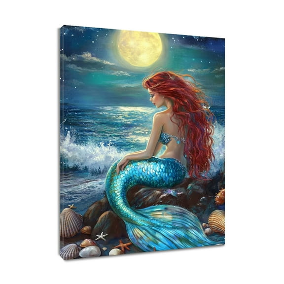 NEONWE Mermaid Canvas Wall Art Blue Ocean Moon Night Coastal Beach Seascape Prints Posters Living Room Decor Vintage Nautical Home Art Bedroom Bathroom Office Wall Decor, 12x12 Inches