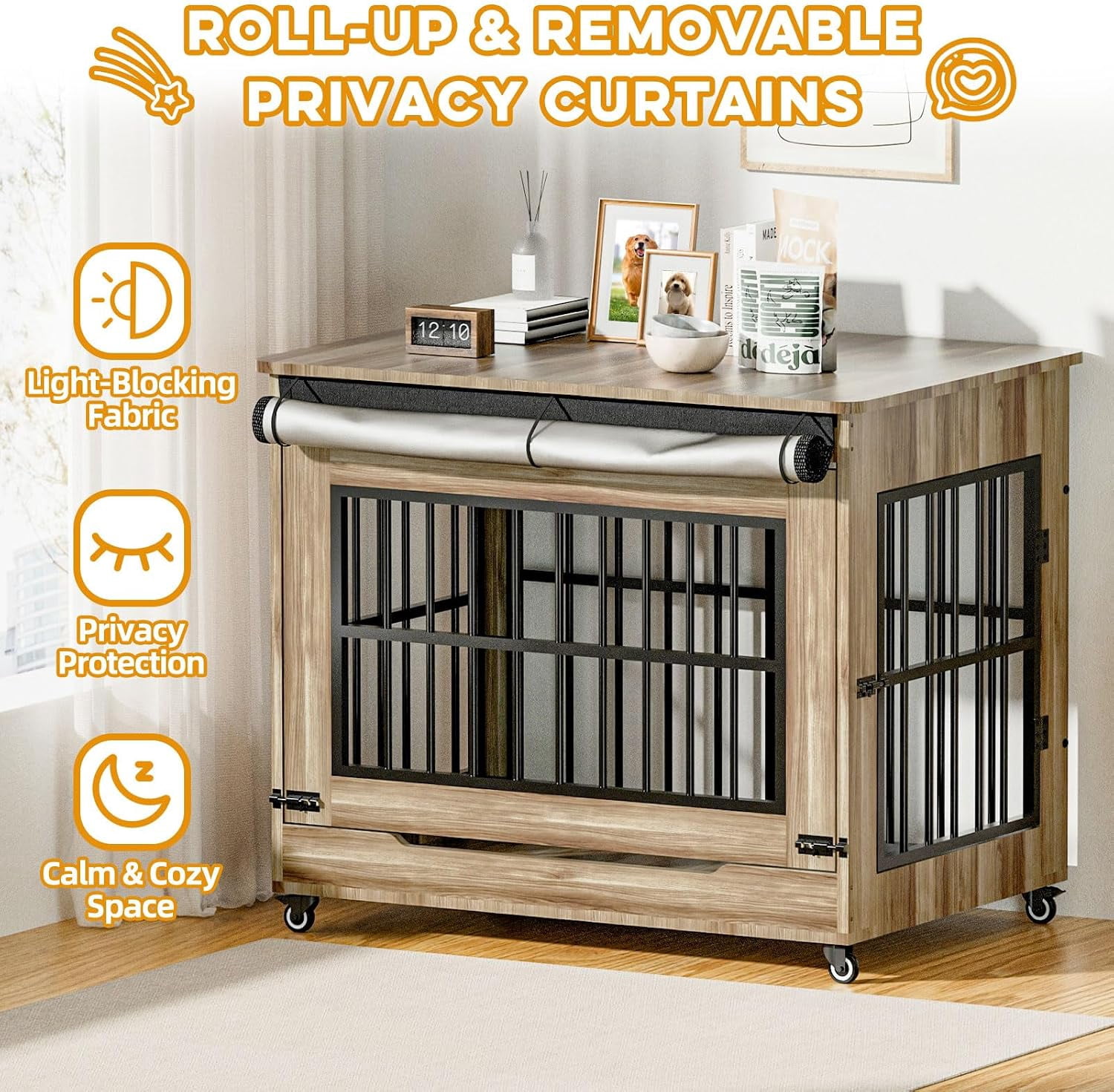 42" Wooden Dog Crate Furniture with Double Door, Lockable Wheels & Blackout Curtain, Decorative Indoor Pet Kennel End Table for Large Breed Dogs, Greige