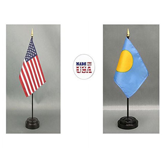 Made in The USA. 1 American and 1 Palau Rayon 4"x6" Miniature Office Desk & Little Hand Waving Table Flag, Includes 2 Flag Stands & 2 Small 4"x6" Mini Stick Flags