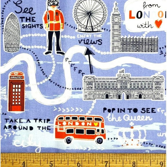 1 Fat Quarter - Trip Around London on Blue Cotton Fabric - 21" X 18"