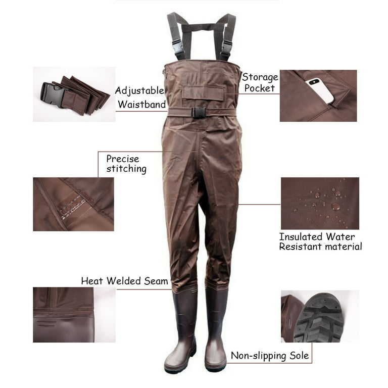 Sourcemax Fishing Chest Waders Fishing Shoes Boot Foot for Men Women Hunting Bootfoot Waterproof Nylon PVC w/ Belt, adult Unisex, Size: US 14, Brown