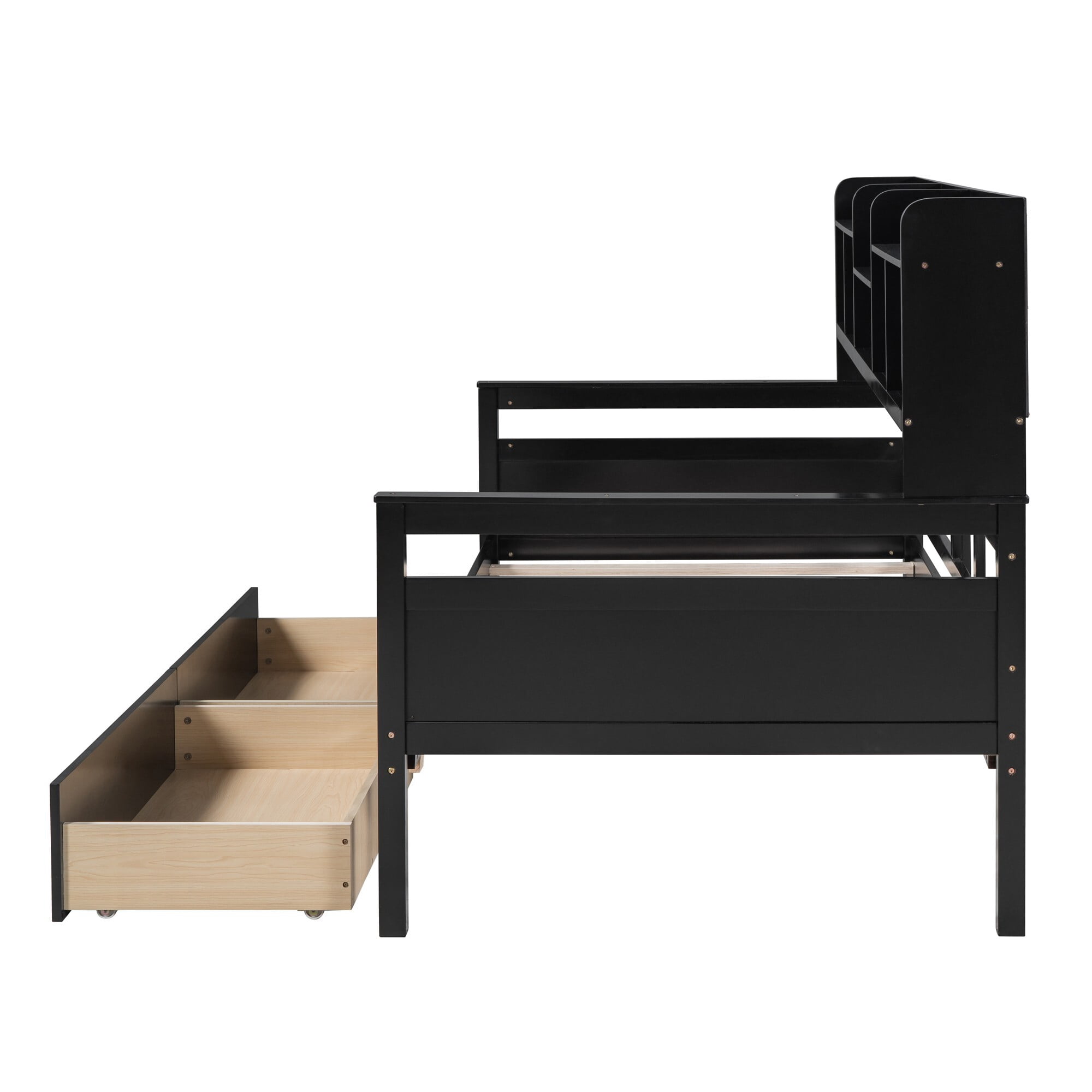 AENKYO Twin Size Wooden Daybed Bed Frame with 2 Storage Drawers and Headboard Shelf, Solid Wood Sofa Bed, Black