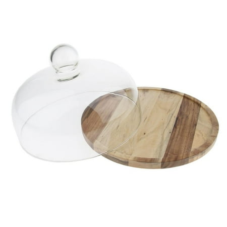 

Acacia Wooden Flat Round Wood Server Cake Stand With Glass Dome