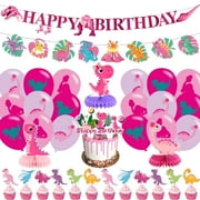 Pink Dinosaur Party PriNst Supplies, Pink Dinosaur Party Decorations, Pink Dinosaur Happy Birthday Balloons Cupcake Cake Toppers Banner for Pink Dinosaur Themed Birthday Party Supplies