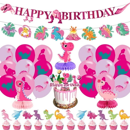 Pink Dinosaur Party PriNst Supplies, Pink Dinosaur Party Decorations, Pink Dinosaur Happy Birthday Balloons Cupcake Cake Toppers Banner for Pink Dinosaur Themed Birthday Party Supplies