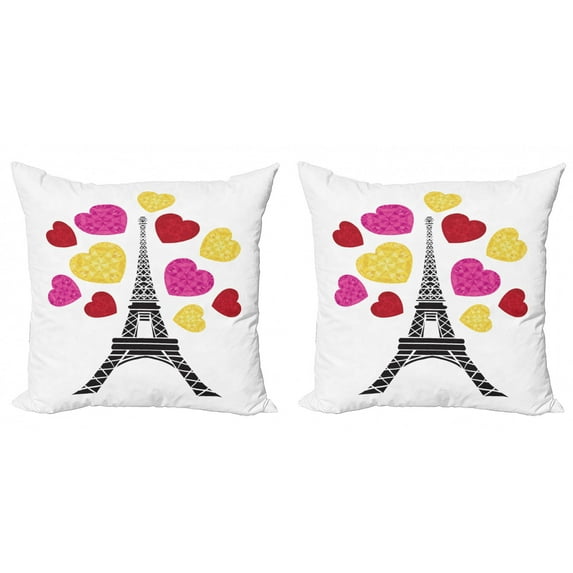 Eiffel Tower Throw Pillow Cushion Cover Pack of 2, Beaming Colorful Hearts Valentine's Day Theme, Zippered Double-Side Digital Print, 4 Sizes, Multicolor, by Ambesonne