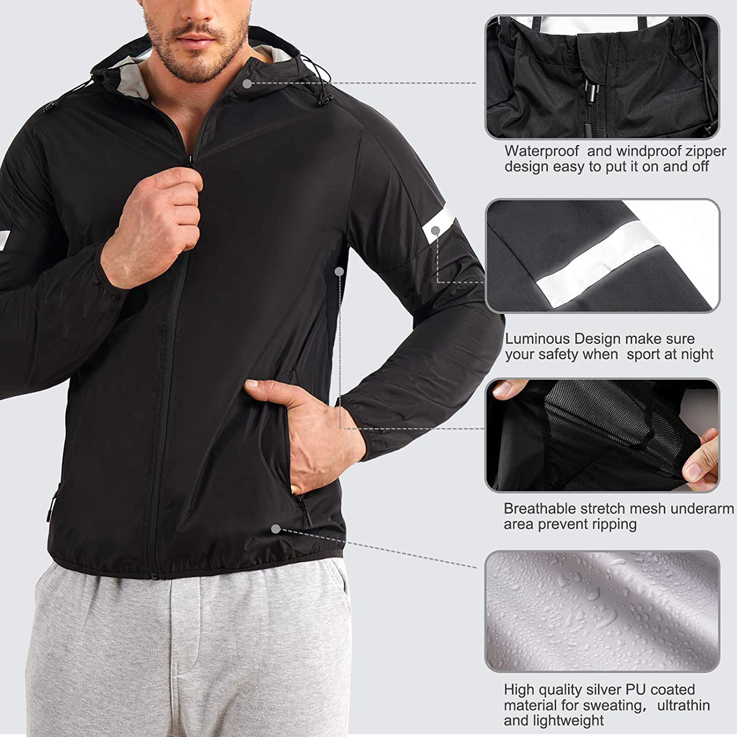 Junlan Sauna Suit for Mens Sweat Sauna Jacket for Men Sweat Pants Gym Workout Zipper Hoodie Sauna Suits