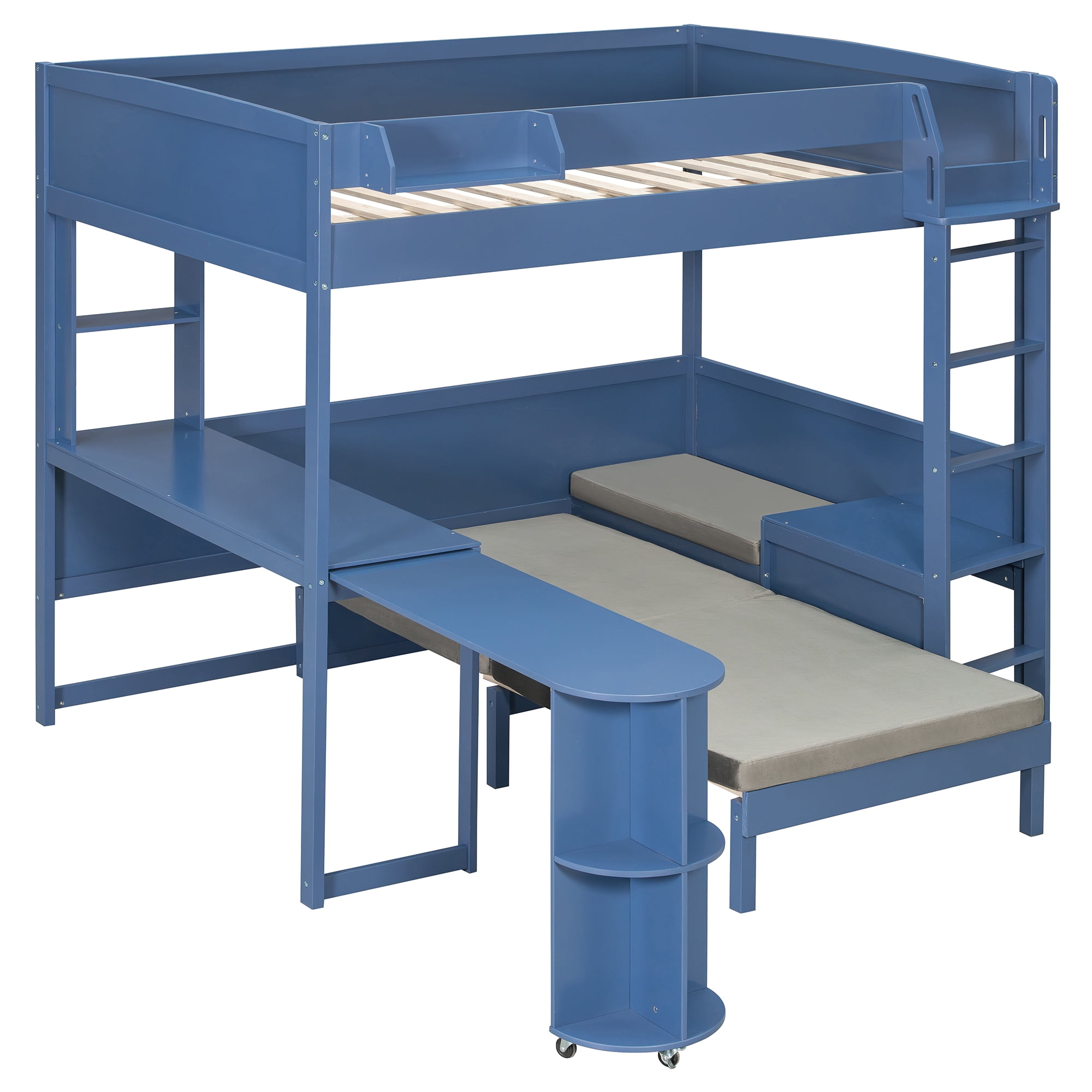 Full Size Wood Loft Bed with Desk, Bedside Storage Shelf, Sofa and Light, Space Saving Loft Bed with Rotating L-Shaped Desk for Bedroom Home Office Studio Apartment, Navy Blue