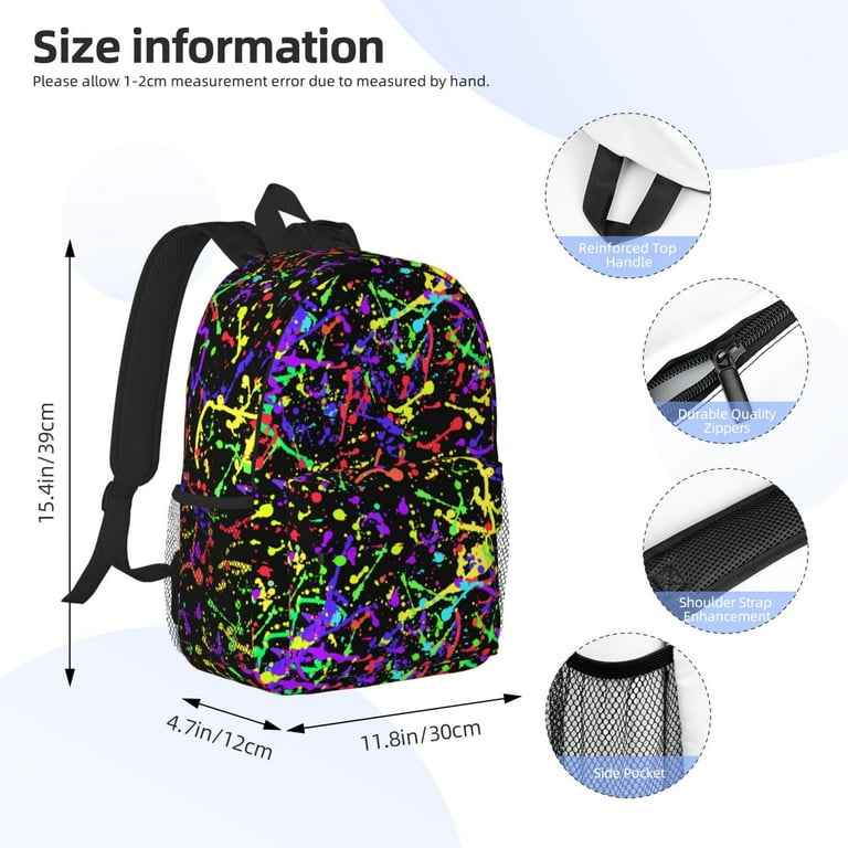 Glow in Dark Splatter Neon Backpack Casual Bookbag Lightweight Large Capacity Laptop Daypack Shoulder Bag for Travel