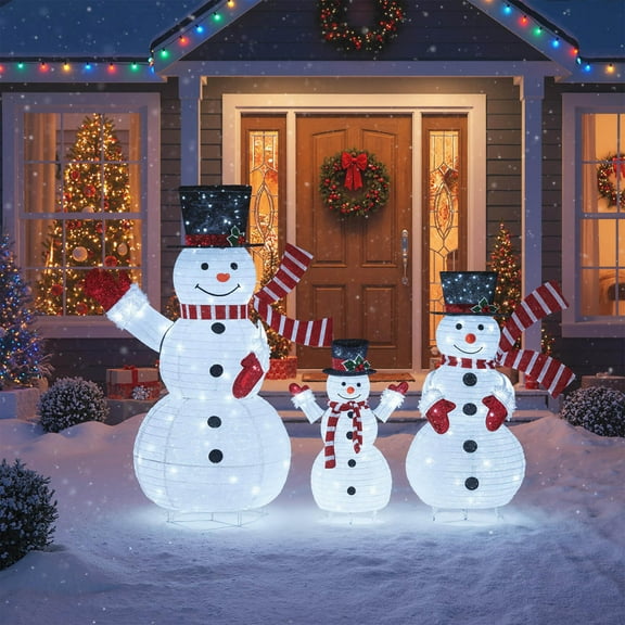 Costway 3PCS Pre-Lit 3D Snowman Set with 270 LED Lights for Home Lawn Yard Garden Plug in