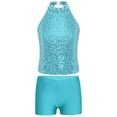 thumbnail image 3 of CHICTRY Kids Girls Gymnastic Ballet Dance Outfit Halter Shiny Sequins Crop Top with Shorts Dancewear Light Blue 14, 3 of 7