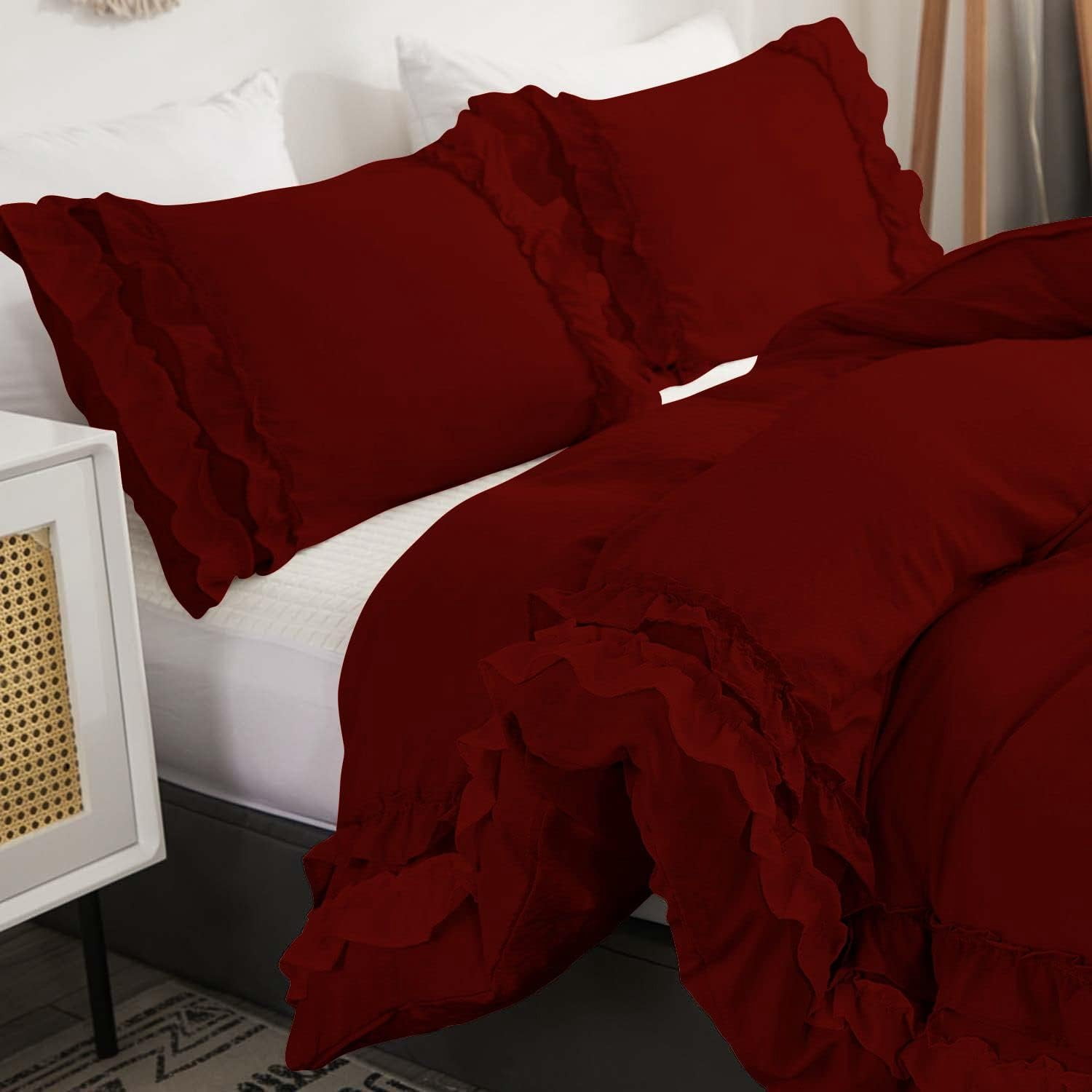 D.N.G. BEDDINGS Luxurious 3 Piece Double Ruffle Duvet Cover With Zipper Closure, 100% Egyptian Cotton, 800 Thread Cotton Super King Size Burgundy Solid
