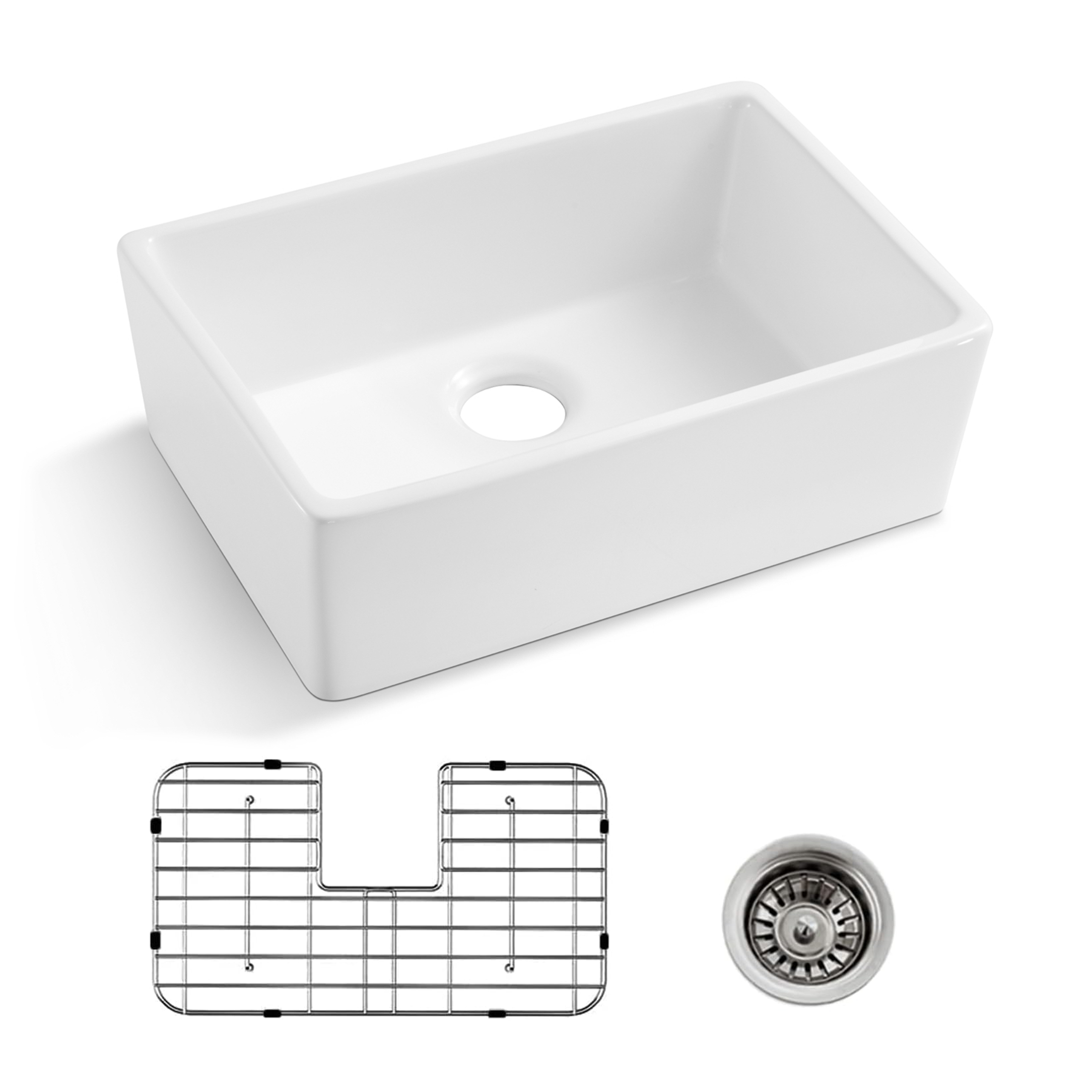 24 Inch White Farmhouse Sink-White Farm Sink for Small Kitchen and Laundry, Luxury Apron Front  Fireclay Porcelain Ceramic ink Single Basin with Bottom Grid and Strainer