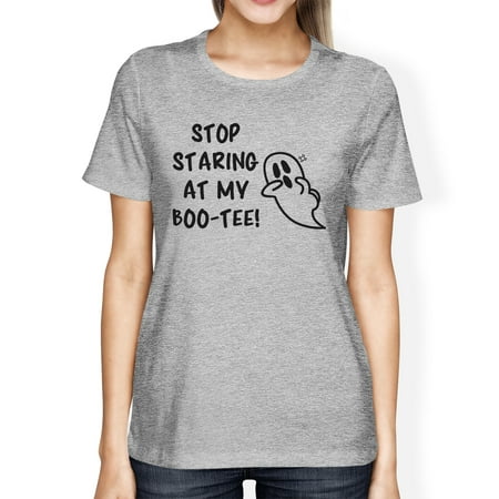 Stop Staring At My Boo Womens Grey Halloween Tshirt Gift For Her