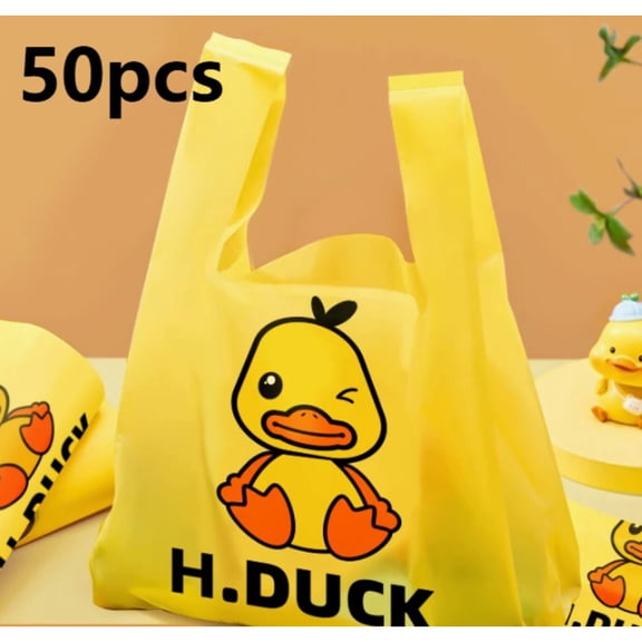 Homlyo 50 Pack Yellow Duck Plastic Tote Bags, Disposable Shopping Bags with Handles for Grocery, Party, Gift, Takeout