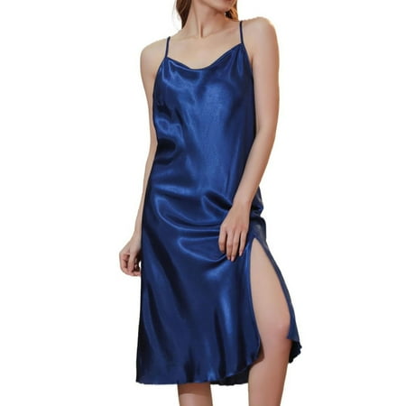 Defitshape Women s Silk Nightgown Midi Chemise Satin Sleep Dress Sleeveless Side Slit Pajama Dress Knee Length Criss Cross Open Back Sexy Sleepwear Nightie Lingerie Bright Navy Blue X-Large