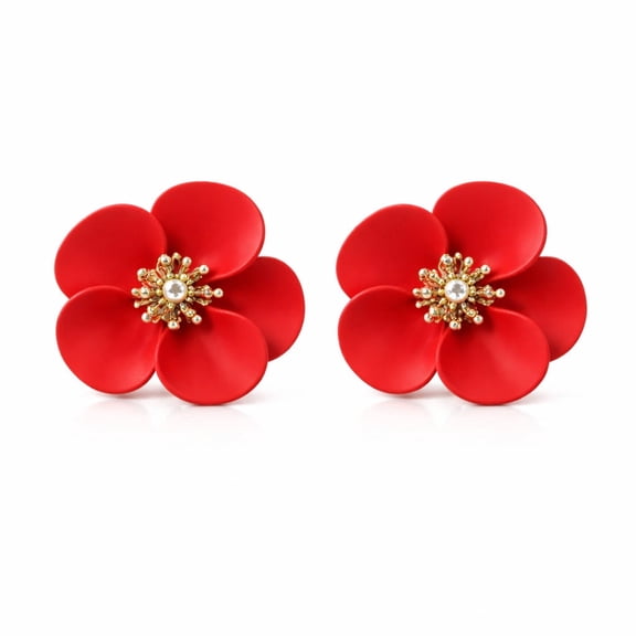 Red Flower Stud Earrings for Women – Bold Floral Statement Earrings with Gold Center, Fashion Jewelry