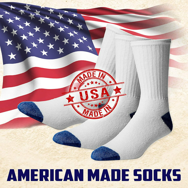American Made Cotton Crew Socks-12 Pair 9-11 White/Pink Heel and Toe 