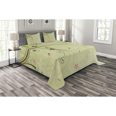 Green And Brown Bedspread Set Floral Arrangement With Swirls