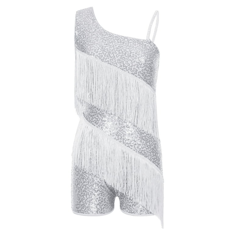 CHICTRY Women's Modern Jazz Hiphop Disco DJ Rave Dancewear Sequins One  Shoulder Straps Tassel Biketard Dress White XL - Walmart.com