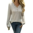 thumbnail image 3 of Women'S V-Neck Long Sleeve Striped Knit Button Shirt Autumn Casual Loose Elegant Tunic Top Apricot M, 3 of 10