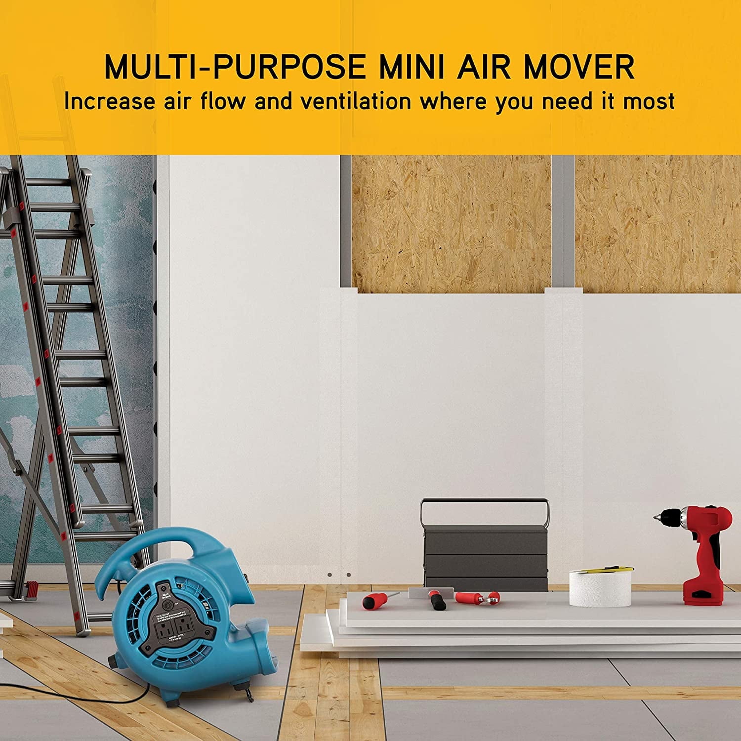 XPOWER P-80A Mini Mighty Air Mover, Utility Fan, Dryer, Blower with Built-in Power Outlets - Blue