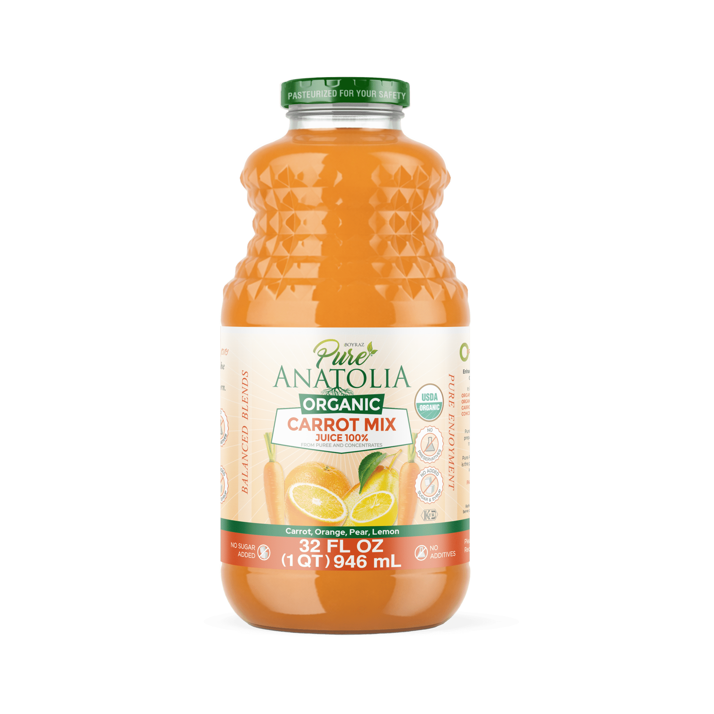 (6 pack) Pure Anatolia Organic Carrot Mix Juice, 32 Fl Oz Glass Bottle