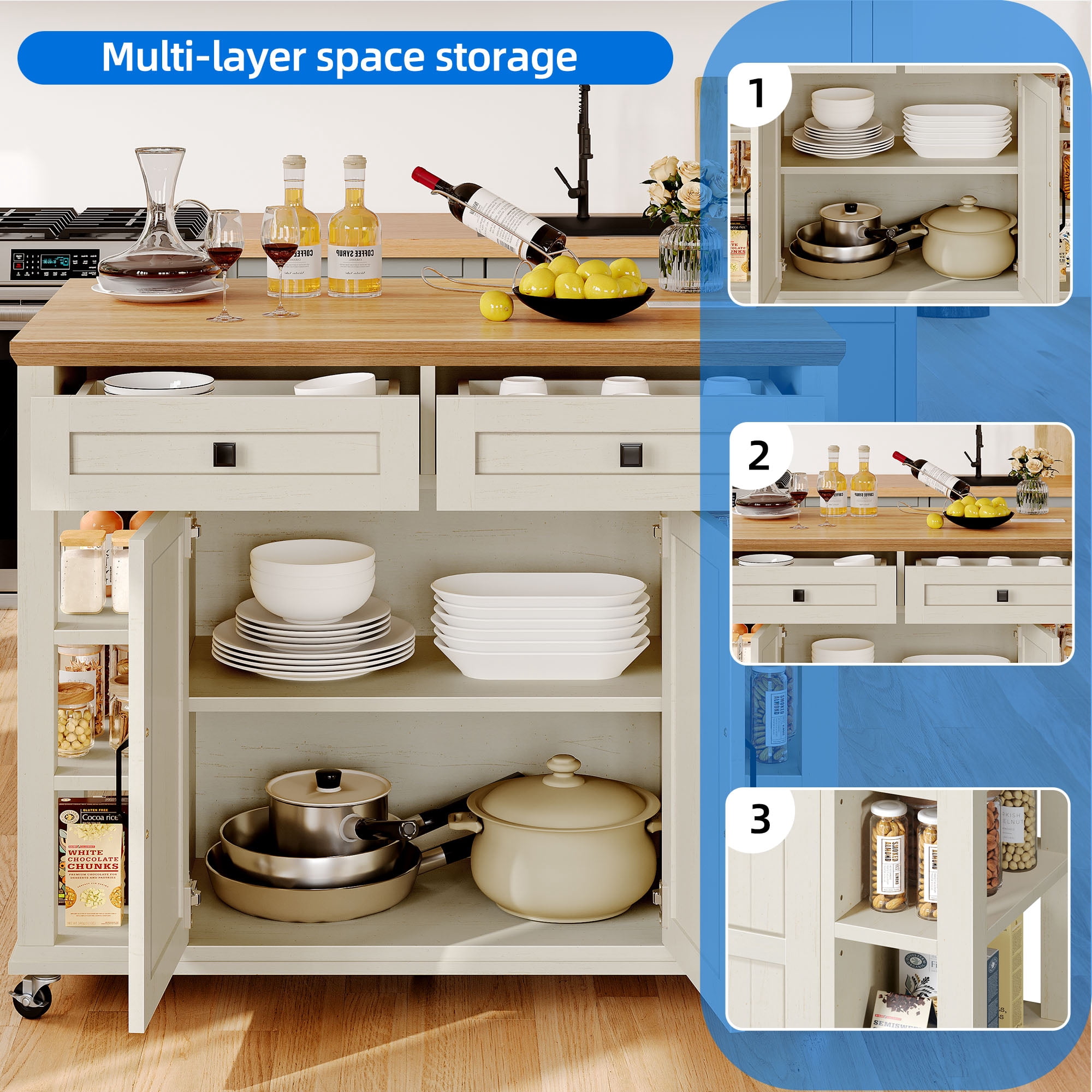 Uforic Kitchen Island Cart with Power Outlets, Kitchen Storage Cart with Storage Shelves & Drawers, Off-White